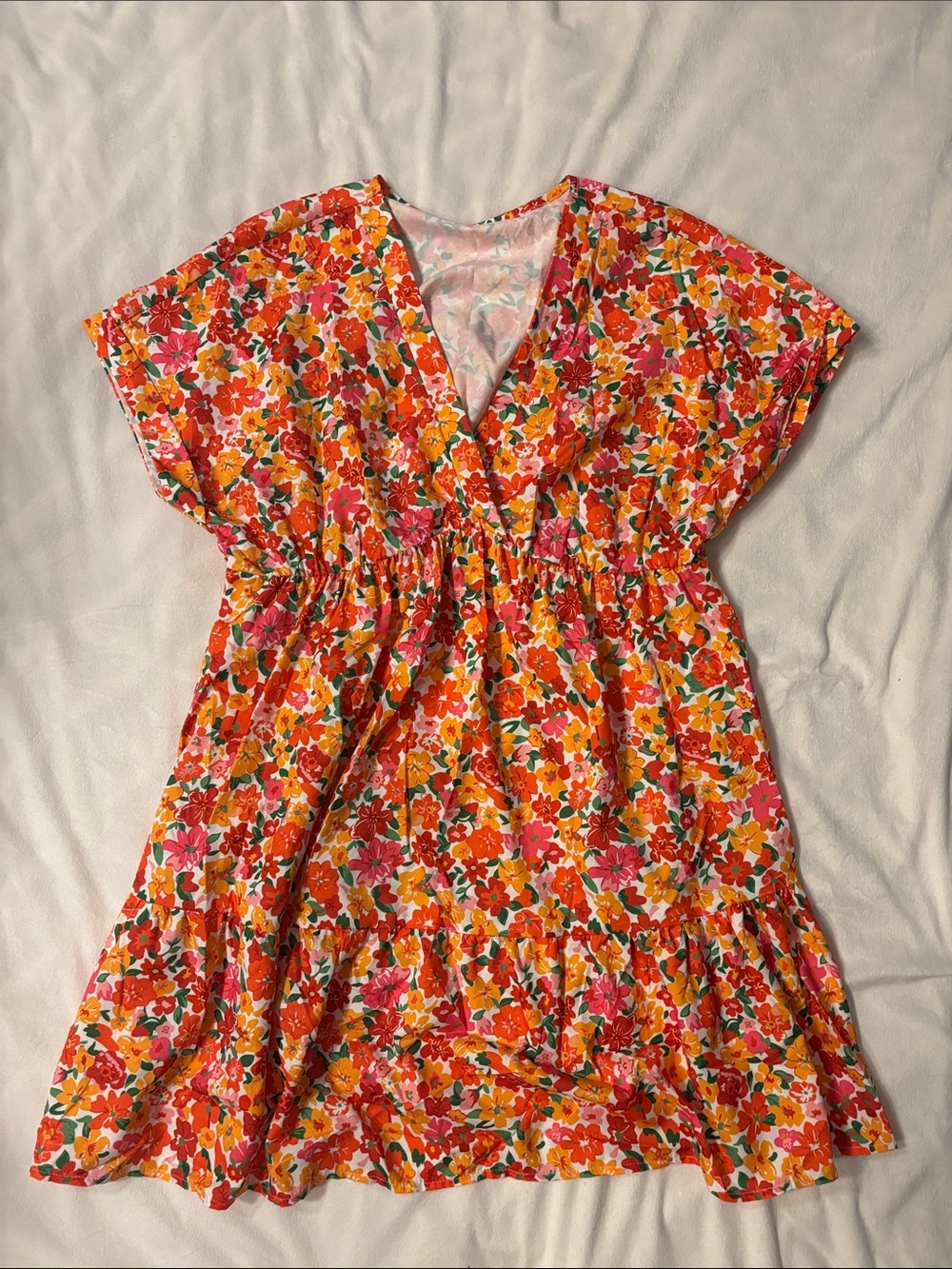 Floral V-Neck Short Sleeve Summer Dress - Bright Multi